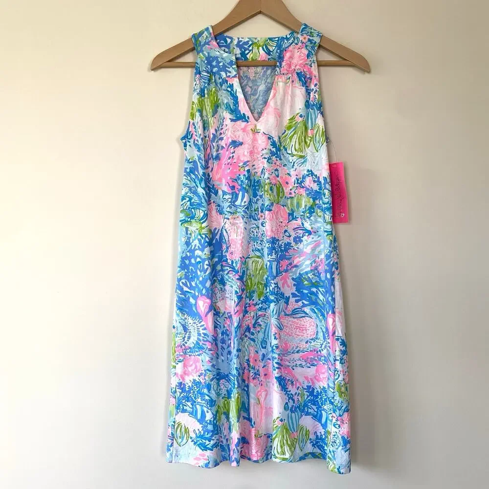 NWT Lilly Pulitzer Dress Size XXS Fished My Wish Ross Shift Blue and Pink Preppy - Picture 2 of 9